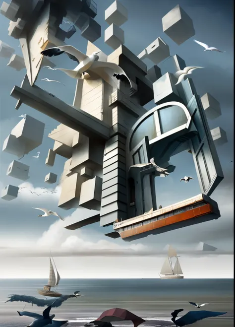 There is a picture of a building in the sky,seabird，janelas，Sail ships， Highly realistic concept art, Dystopian landscape, Dystopian digital concept art, dystopian art, surreal concept art, Dystopian digital art, Sylvain Sarai and Igor Molsky