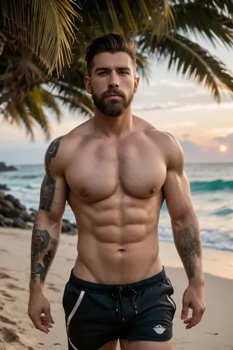 (ultra realistic, ultra detailed, 8k resolution) a white 30-year old German man, short auburn hair, thick medium beard, green olive eyes, body hair, handsome, tattoos in arms, tattoos in legs, muscular guy, broad shoulders, huge chest, huge biceps, huge mu...