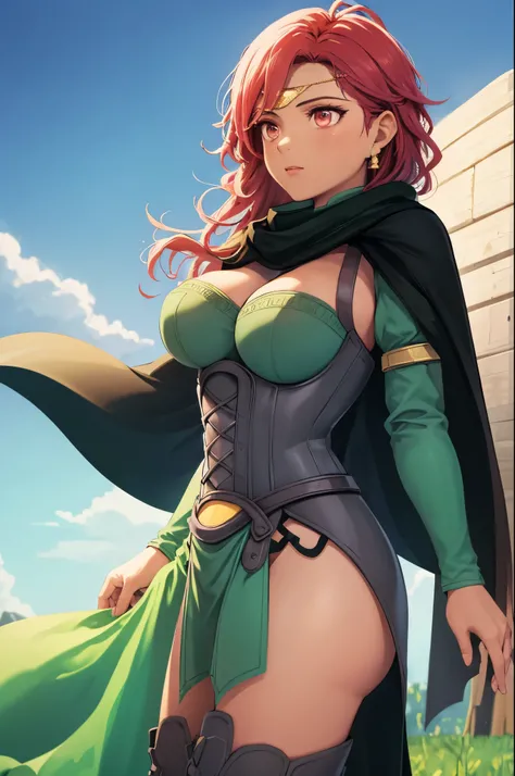 masterpiece, best quality, warHapi, earrings, circlet, underbust, green cape, pelvic curtain, thigh boots, large breasts, cowboy shot, from side, sky, field, clouds