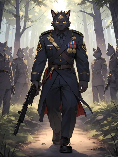 (ByZEphyrus)furry,black fur cat,golden eyes,There is a star pattern in the middle of the forehead.. ,muscular,Wearing British military uniform,Standing with a gun in the deep forest,viewer look.,Early morning,prominent,NJ5