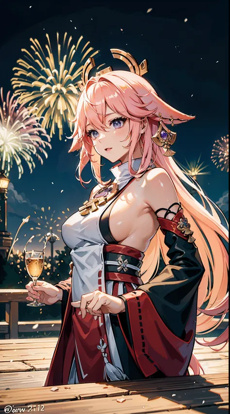 portrait,landscape,painting,illustration,yae miko, sleeves separated, strapless, (sideboob:1.45), pink hair, long hair, Japanese clothing,Winter snowflakes fluttering,festive atmosphere,(grand fireworks display in the night sky),sparkling fireworks,mesmeri...