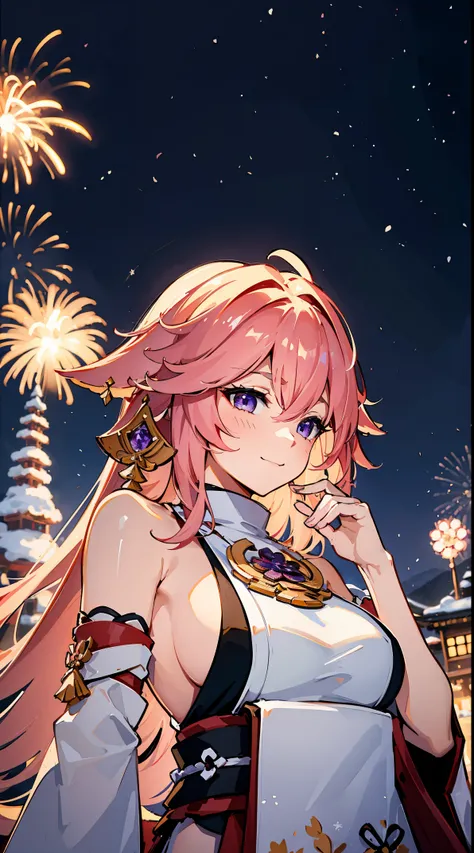 portrait,landscape,painting,illustration,yae miko, sleeves separated, strapless, (sideboob:1.45), pink hair, long hair, Japanese clothing,Winter snowflakes fluttering,festive atmosphere,(grand fireworks display in the night sky),sparkling fireworks,mesmeri...