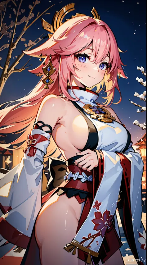 portrait,landscape,painting,illustration,yae miko, sleeves separated, strapless, (sideboob:1.45), pink hair, long hair, Japanese clothing,Winter snowflakes fluttering,festive atmosphere,(grand fireworks display in the night sky),sparkling fireworks,mesmeri...