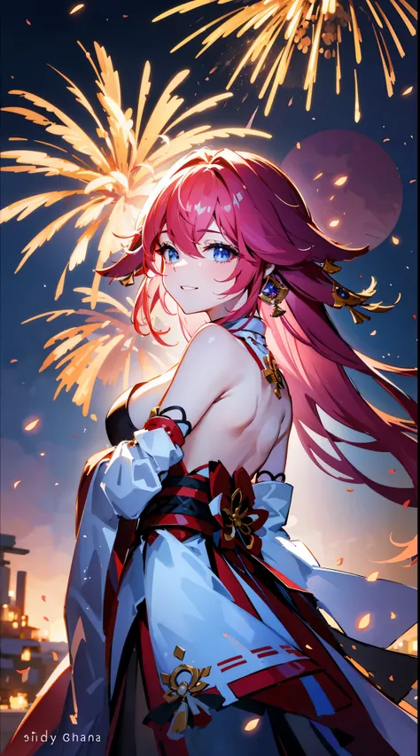 grand fireworks display in the night sky,twinkling stars,celebration of the new year,portrait,landscape,painting,illustration,yae miko, sleeves separated, strapless, (sideboob:1.45), Winter snowflakes fluttering,festive atmosphere,sparkling fireworks,mesme...