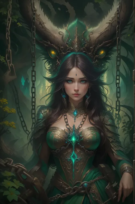 A woman holding chains and a glowing green demon, Abaddon and Magali Villeneuve, stands tall in front of a magnificent fantasy landscape. The womans eyes are captivating, with intricate details that reflect the intensity of her emotions. Her lips are delic...