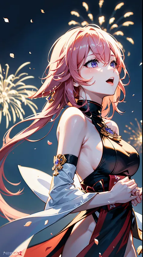 celebration of the new year,Winter snowflakes fluttering,landscape,painting,illustration,portrait,yae miko, sleeves separated, strapless, (sideboob:1.45),((grand fireworks display in the night sky)),twinkling stars,sparkling fireworks,mesmerizing colors,ro...