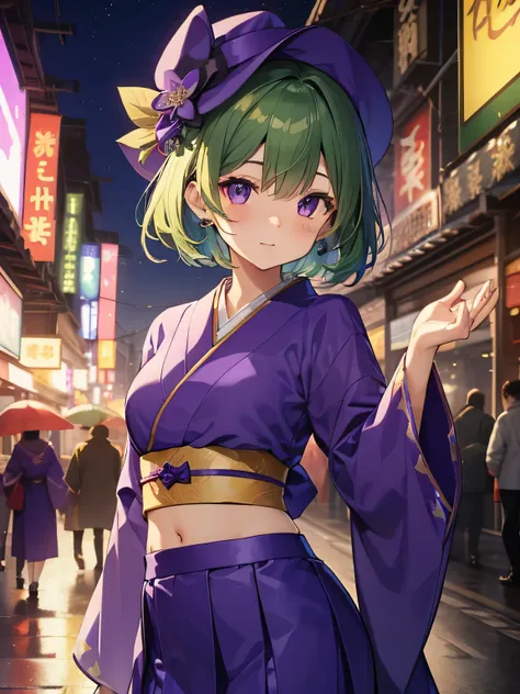 top-quality、extremely delicate and beautiful、(A teenage girl)、Purple Eye、Green hair、small tits、short-haired、(Purple pointy hat)、Soio、kimono outfit、Kimono、shortsleeves、Purple skirt、Purple Wizard Robe、Navel、is standing、new years eve