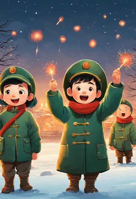 Happy children setting off Chinese firecrackers，Wearing a Chinese green military coat，Crackling，Snow scene in the countryside at night，，illustratio，Made by Pixar，