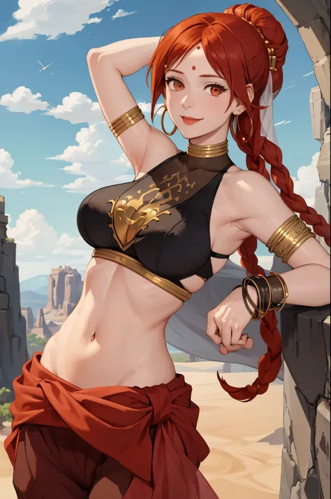 masterpiece, best quality, tethys, forehead mark, earrings, bracelet, crop top, armlet, vambraces, large breasts, see-through, harem pants, upper body, looking at viewer, smile, desert, rock formations, solo, 1girl