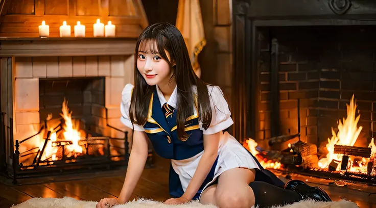 18 year old beautiful high school girl wearing a miniskirt uniform.、the fire in the fireplace is burning