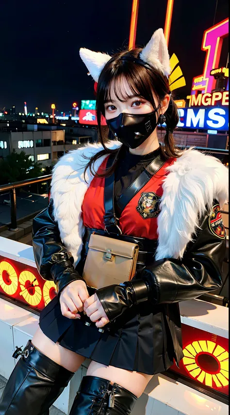 gals、Large gas mask、fur-coat、dictator、Big dragon tattoo、Tattoos all over the body、Glowing headgear、On the rooftop、Huge background is a neon sign、Leather gloves、long boots、Holding a Japan sword、Baseball armor、insurrection、Nuclear power plant in the backgrou...