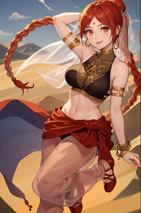 masterpiece, best quality, tethys, forehead mark, earrings, bracelet, crop top, armlet, vambraces, large breasts, see-through, harem pants, red shoes, looking at viewer, smile, desert, standing, seductive pose, leaning forward