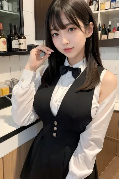 A high resolution, quality, Perfect dynamic composition, 美丽细致的眼睛, cropped shoulders、Radiant hair、Medium hair, Natural color lips, college aged、Harajuku、big laughter、The bust is huge，Wearing a black suspender、In the crater、Hold a bar of soap