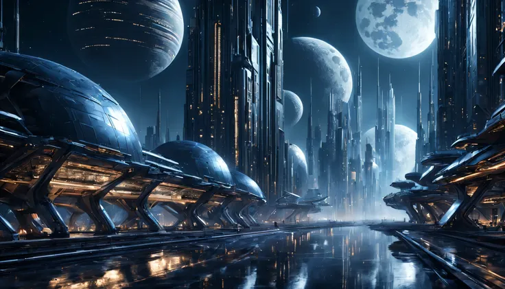 es de noche, on an unknown planet there exists a futuristic city with immense technologically designed buildings that form an in...