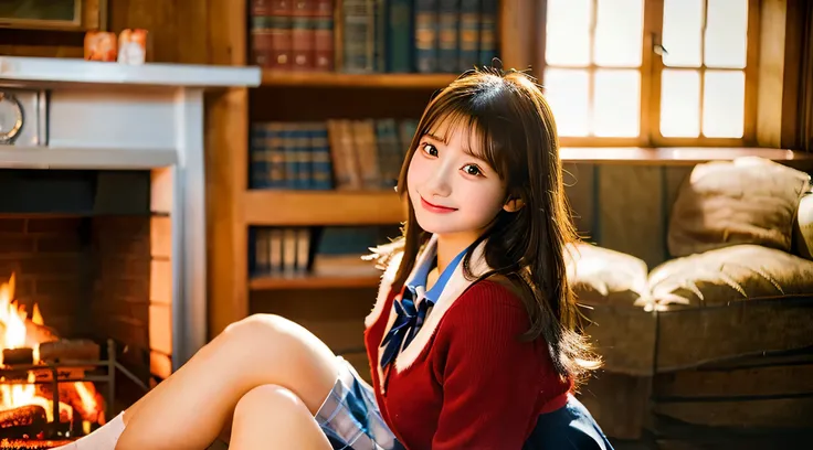 Cute high school girl 18 years old in miniskirt、the fire in the fireplace is burning