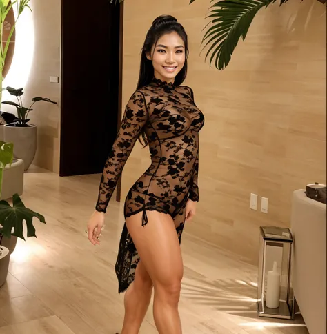 Young Thai woman, Fit physique, fitness physique, wearing sexy black lingerie sitting on the couch with legs open, corps sexy, (8k), (Best quality), (Masterpiece:1.3), (Realstic), (photoreallistic:1.34), Ultra-detailed, [beautiful detailed  eyes], (sourire...