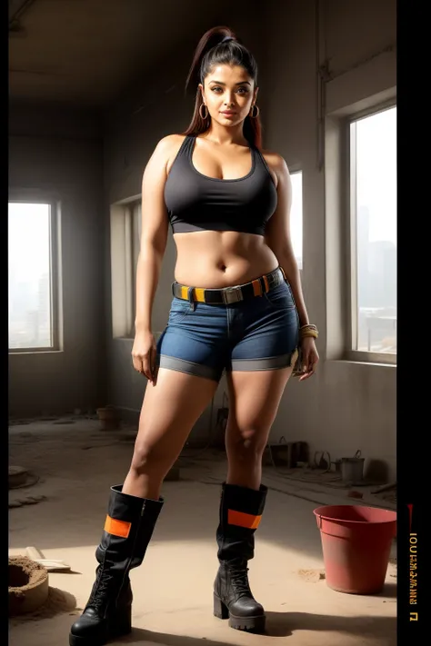 Aishwarya rai as construction worker, black hot pants, high boots, tank top, posing in construction site, day scene, navel out, hourglass figure, massive cleavage, look at camera and laugh, ((ponytail hair)), sexy 50 yo MILF, soft volumetric lights, intric...