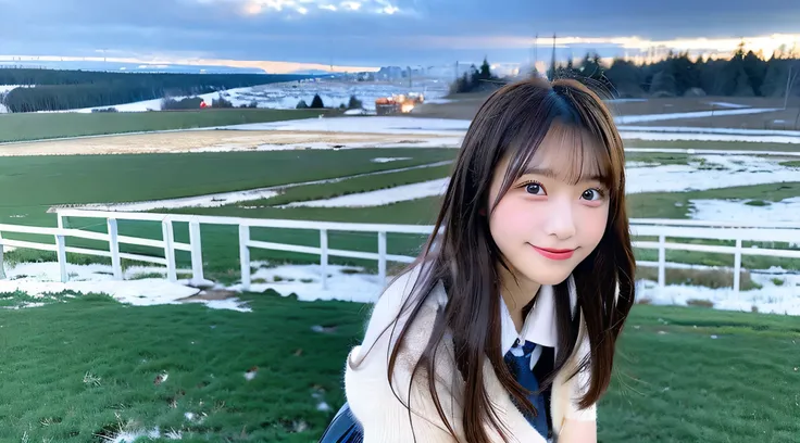 Cute high school girl, 18 years old, Wearing a miniskirt、Snowy landscape in the background