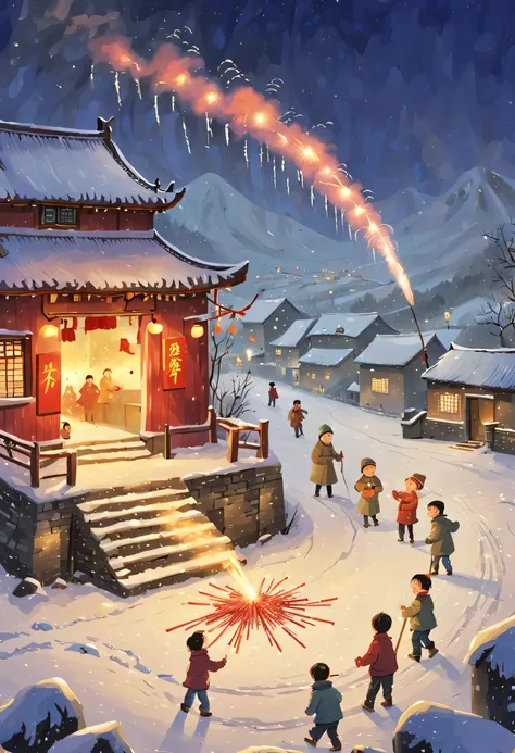 children are setting off chinese firecrackers，crackling，chinese rural snow scene，joyful festive atmosphere，，pixar-style，illumina...