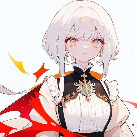 white colored hair, yellow eyes, red clothes, Simple background
, Upper torso, lolita