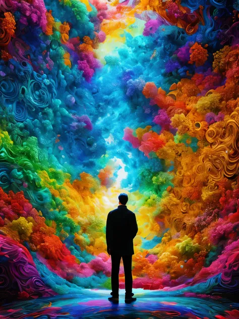 A person stands in front of a colorful abstract design, 8K Stunning Artwork, 4k highly detailed digital art, mind-bending digital art, intricate digital painting, Realistieeple, elaborate digital art, 4k detailed digital art, Digital Art 4K, Digital Art 4K...