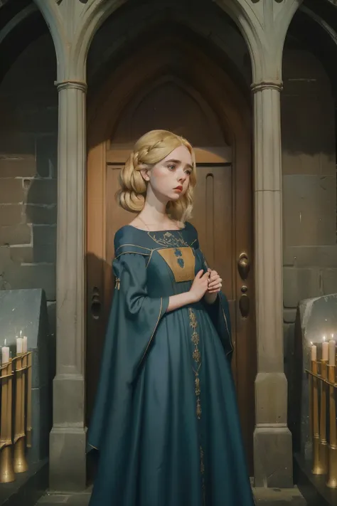 1154, Kingsbridge, England. Otherworldly scene in a medieval cementery, ((((24-year-old)) Mckenna Grace)), in a funeral, ((sad expression)), ((((gown from the 12th century)))), ((dark blonde Hairstyle of the 12th century)), ((Wes Anderson cinematic style))...