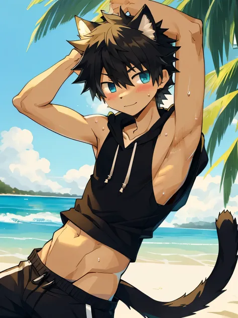 top quality, best quality, High-quality illustrations, masterpiece, detailed background, 12-Year-Old-Boy, youg boy, shota, Black cat boy, Sleeveless hoodie, Body, (Showing armpit:1.4), Slim body, Slim stomach, Beach, cute, handsome, Happy, joyful, Sweat, B...