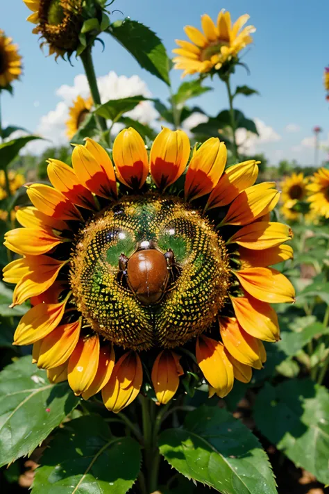 ((best quality)), ((masterpiece)), (detailed), macro photography, close up macro photo of robotic lady bug on sunflower petals, depth of field, macro lens