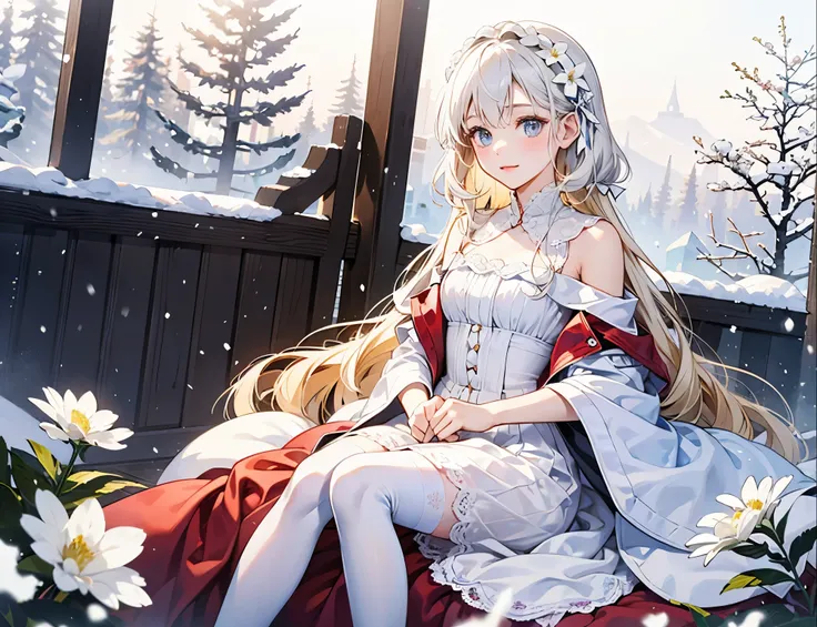 The world of  and snow, white flowers, white girls, lively and cute white stockings〈White in red〉White gauze and soft sunshine