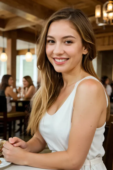 4k, RAW photo, best quality, ultra high resolution, photorealistic, photorealistic woman, natural brown eyes, symmetrical eyes, thin face, ultra realistic photo, minutely detailed, normal skin, Sophie Mudd, Nicole Aniston, blonde hair, long hair, hair tied...