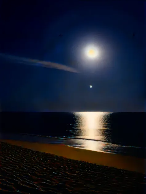 A bright moonlight, edge of the beach, midnight, illuminated,