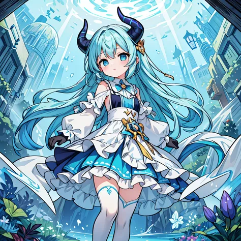 bit girl，blue hairs，There is a pair of blue transparent dragon horns on the head，Blue gloves，White over-the-knee stockings，A blue tail behind，The underwater world