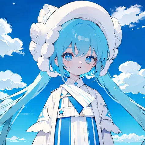 Blue hair, white robes, BLUE SKY BACKGROUND, небо с Cloudsми, Clouds,
 Upper torso, lolita