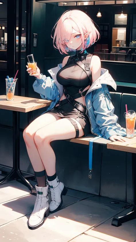 ((masterpiece, best quality)), official art, unity 8k wallpaper, ultra detailed, an elf woman, shes sitting at a restaurant table at the sidewalk, eating lunch,  BREAK, highly detailed of (elf), (1girl), perfect face, details eye, Bob cut hair, Blunt bangs...