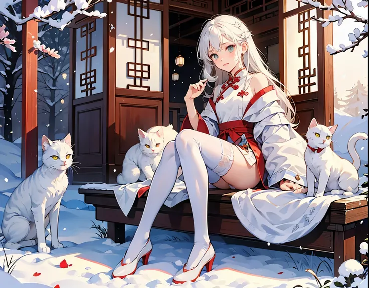 The world of  and snow. White flowers. White cat-eared girls. Lively and cute white stockings.〈White in red〉White gauze stars are shining brightly, sitting softly in Chinese retro style