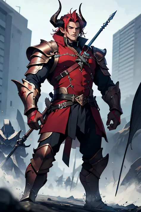 Demonic male with maroon skin, horns, trident, and armor Standing on battlefield ((best quality))