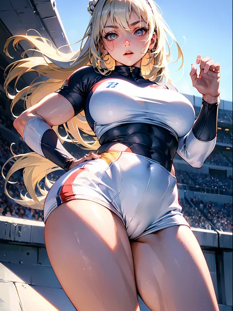 (Best Quality, masutepiece),ultra detailed photographic,1girl in, Female rugby athlete ,Large breasts,nice legs, At the rugby venue,Detailed beautiful face,Beautiful eyes,detailed hairs,detailed  clothes,Detailed realistic skin,Cool,Dynamic Angle,