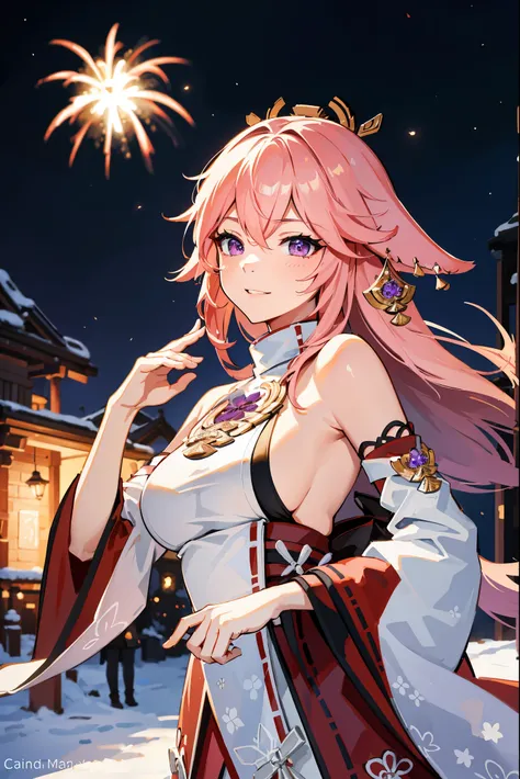 celebration of the new year,Winter snowflakes fluttering,landscape,painting,illustration,portrait,yae miko, pink hair, sleeves separated, strapless, (sideboob:1.45),((grand fireworks display in the night sky)),mesmerizing colors fireworks,twinkling stars,r...