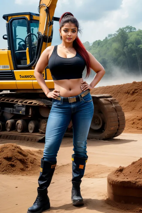 Aishwarya rai as construction worker, black shorts, high boots, micro tank top, posing on an excavator, day scene, navel out, hourglass figure, massive cleavage, looking at camera, ((ponytail hair)), sexy 50 yo MILF, soft volumetric lights, intricate detai...