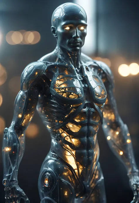 mesmerizing realistic photos (Cybernetic male figure made entirely of otherworldly luminous and translucent materials:1.05) (Trying to pull artificial skin over cybernetic implants:1.2), perspective body, Veins and bones can be seen through translucent tis...