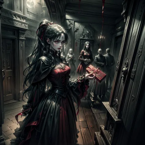 a picture of vampire standing in the front of her home holding a (blood: 1.3) dripping (gift box: 1.5), an exquisite beautiful female vampire in her front door of her home, full body (ultra detailed, Masterpiece, best quality), ultra detailed face (ultra d...