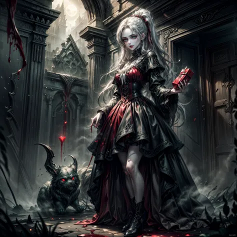 a picture of vampire standing in the front of her home holding a (blood: 1.3) dripping (gift box: 1.5), an exquisite beautiful f...