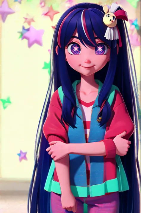 Hoshino Ai, long hair, purple hair, streaked hair, purple eyes, star-shaped pupils, hair ornament, 3D_Pixar_style