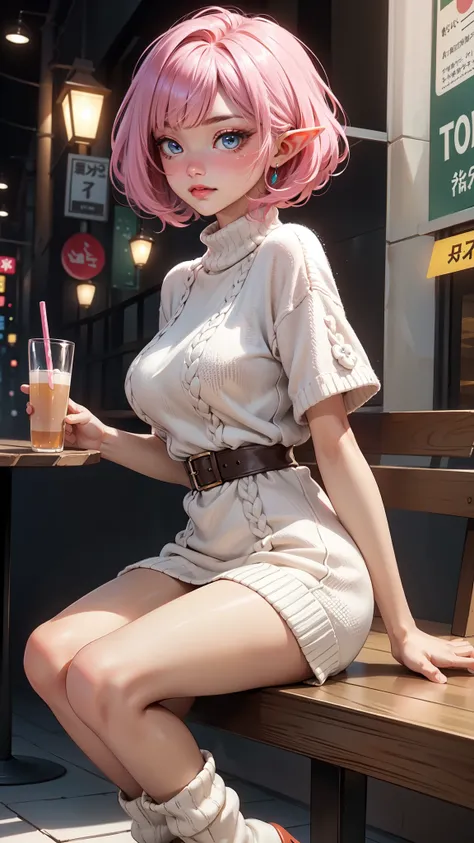 ((masterpiece, best quality)), official art, unity 8k wallpaper, ultra detailed, an elf woman, shes sitting at a restaurant table at the sidewalk, eating lunch,  BREAK, highly detailed of (elf), (1girl), perfect face, details eye, Bob cut hair, Blunt bangs...