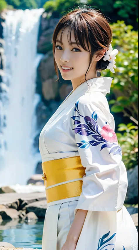 (((A beautiful woman swims up to her knees in the shallow water right in front of a large waterfall basin, wearing a sheer white kimono that exposes little skin to cleanse herself early in the morning.))),(((A pure-hearted gravure idol wearing a pure white...