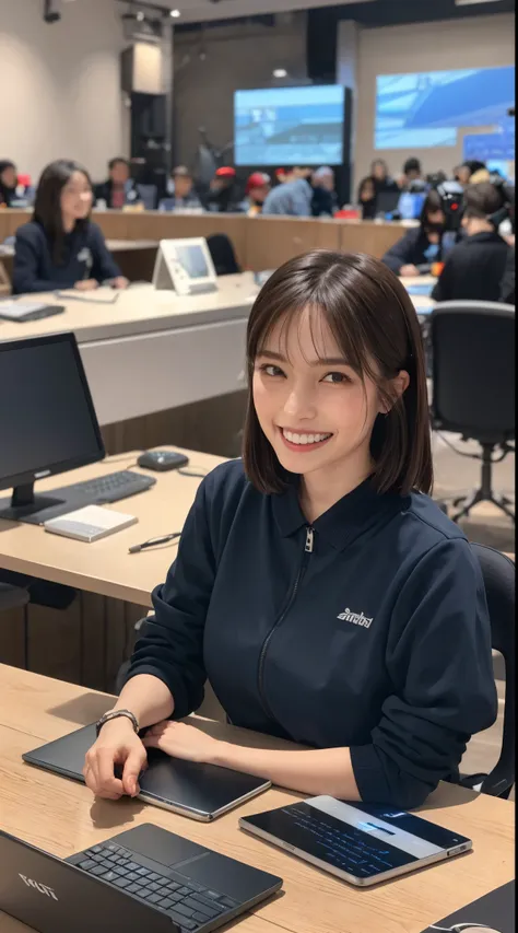 a woman sitting at a desk with a laptop and microphone, sitting in front of a microphone, twitch streamer, twitch streamer/gamer...