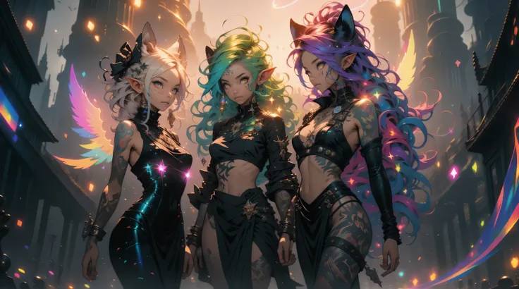 three beautiful elf females 20 years old, nudist, no clothes, extreme abs, cute face, crazy hair, colored hair, yellow eyes, deep fashion, cyberspace, surreal, virtual reality, Holographic Symphony, video game, crazy colors, SteamPunk Schematics, ribbons, ...