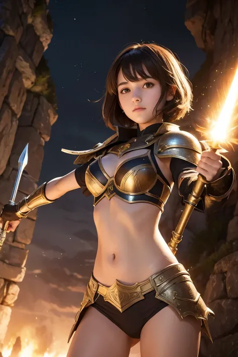 Middle-teen heroine of another world fantasy, short cut brown hair, bikini armor costume, legendary spear and shield of light, active picture composition