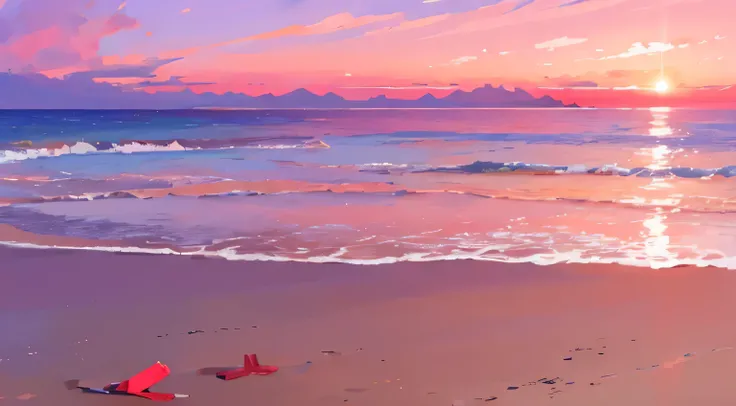 unmanned, beach sunset, quiet, warm colour, sky purple and red, high res, ultrasharp, 8k, masterpiece