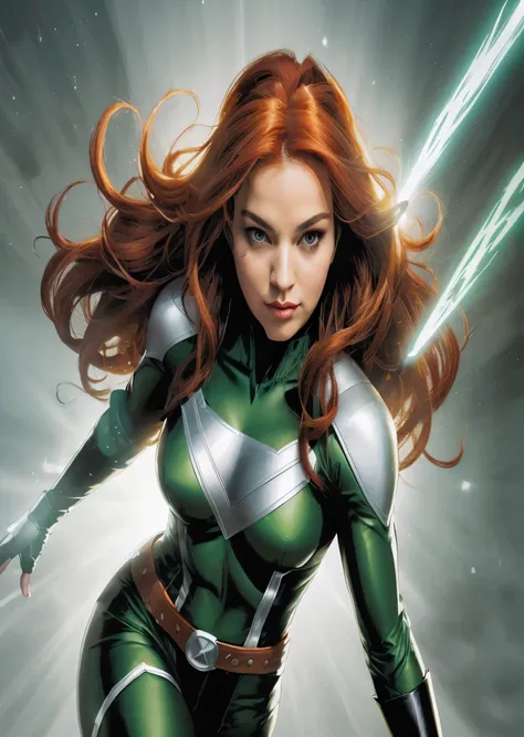 The comic book beauty Anna Marie, aka Rogue, a member of the X-Men, in the full power of her abilities. A dynamic fight takes place in the environment, and Rogue absorbs the power of another supervillain. White eyes shine intensely and hair floats in the a...